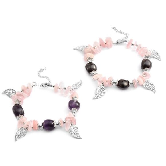 Purple Amethyst and Pink Quartz Silver Filagree Leaves Bangle Bracelet NEW - Picture 5 of 5